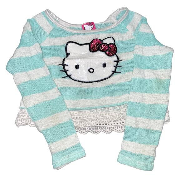 Hello Kitty Girls Kids Size 6 Sweater Pullover Blue White Stripe Sequin Pink Bow - Picture 2 of 12